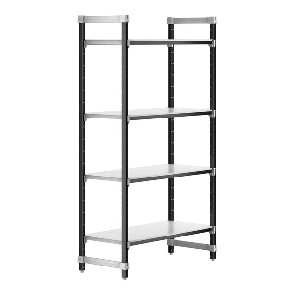 A black metal Cambro Camshelving Elements starter unit with four shelves.