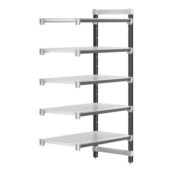 A white Cambro Camshelving Elements add-on unit with 5 vented shelves and black legs.