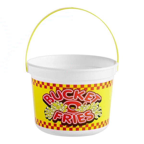 A white plastic French fry bucket filled with fries.