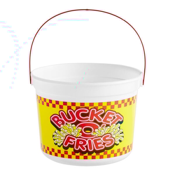 A white plastic French fry bucket with a red handle filled with fries.