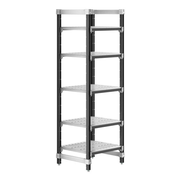 A black and grey Cambro Camshelving® Elements XTRA 5-shelf unit.