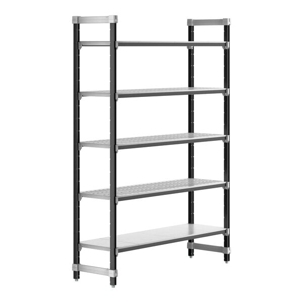 A black metal shelving unit with 5 shelves.