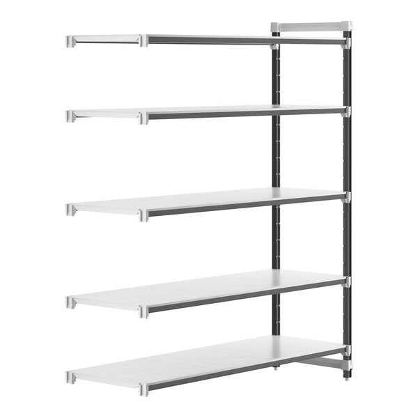 A white Cambro Camshelving Elements add-on unit with black metal rods.