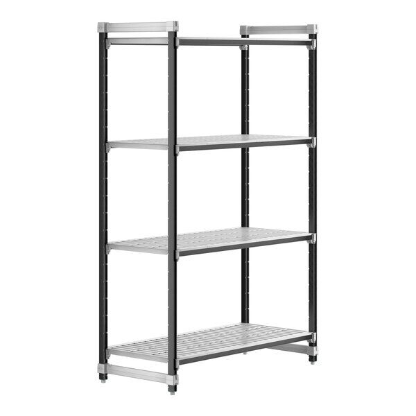 A black metal Cambro Camshelving Elements starter unit with four shelves.