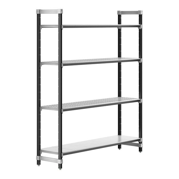 A black metal shelving unit with 4 shelves.