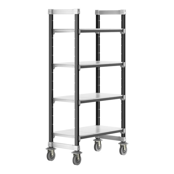 A black Cambro metal shelving unit with four white shelves and wheels.