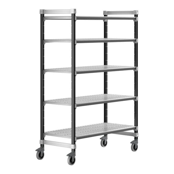 A Cambro Camshelving® Elements XTRA mobile unit with 5 shelves and wheels.