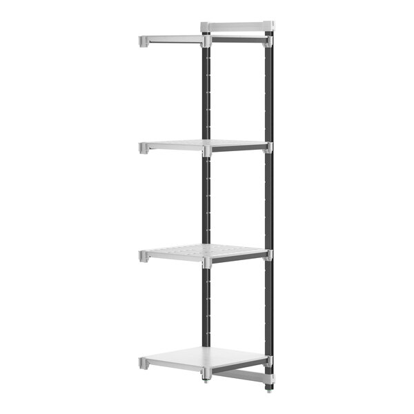 A white and black metal Cambro Camshelving Elements XTRA 4-shelf combo add-on unit.