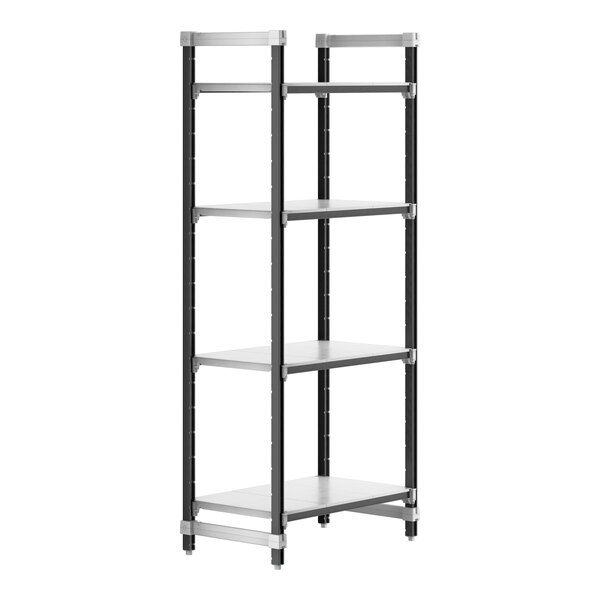A black metal Cambro Camshelving Elements starter unit with four shelves.