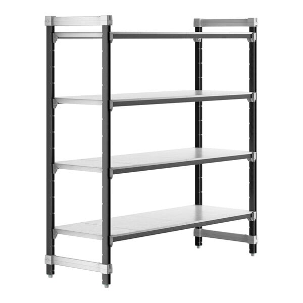 A grey metal Cambro Camshelving® Elements starter unit with 4 shelves.