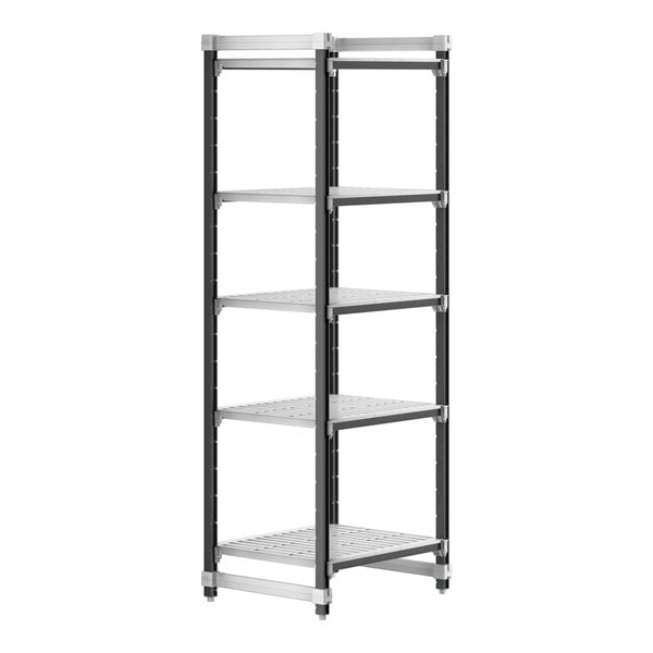 A black metal Cambro Elements shelving unit with five shelves.