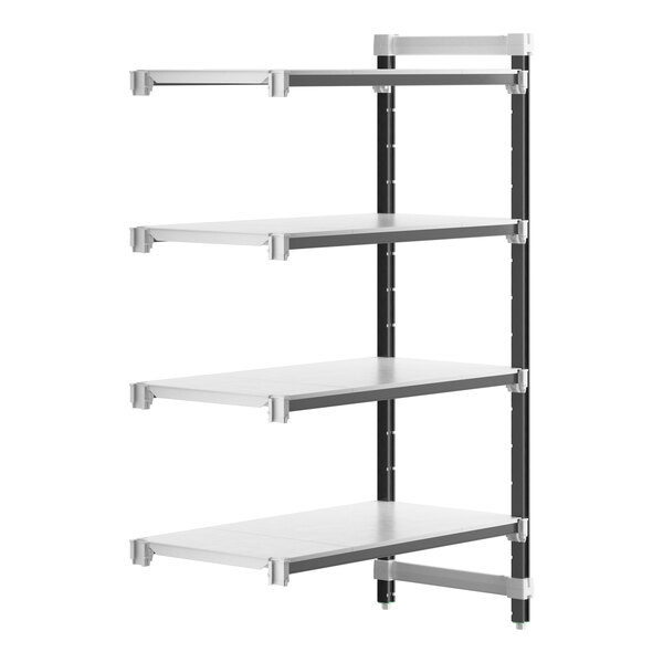 A white metal Cambro Camshelving Elements XTRA add-on unit with black shelves.