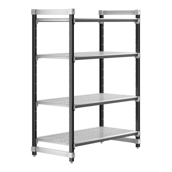 A black metal Cambro Camshelving® Elements XTRA starter unit with four vented shelves.