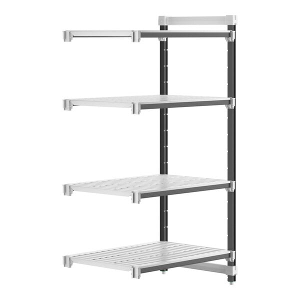 A white Cambro Camshelving® Elements XTRA 4-Shelf Add-On Unit with vented shelves.
