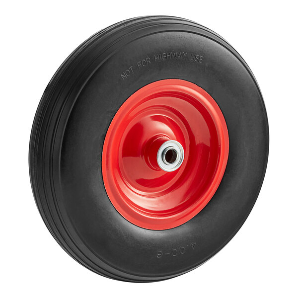 A black Lavex Industrial pneumatic wheel with a red rim.