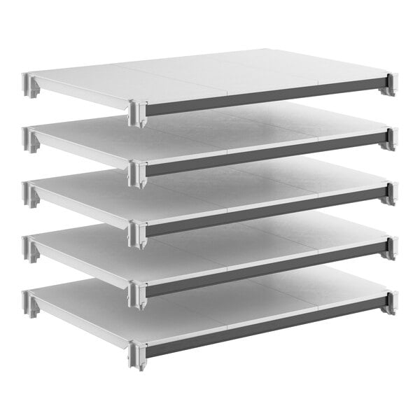 A set of five solid rectangular shelving panels designed for modular shelving systems.