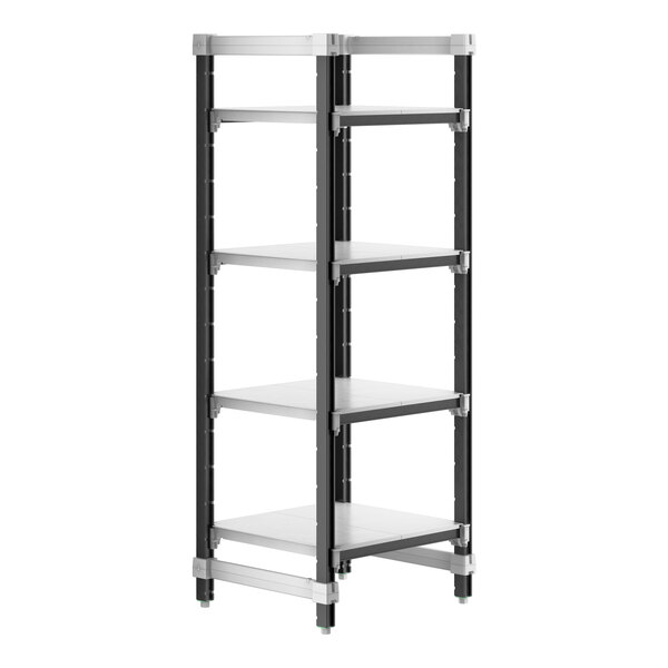 A black Cambro Camshelving Elements starter unit with four shelves.