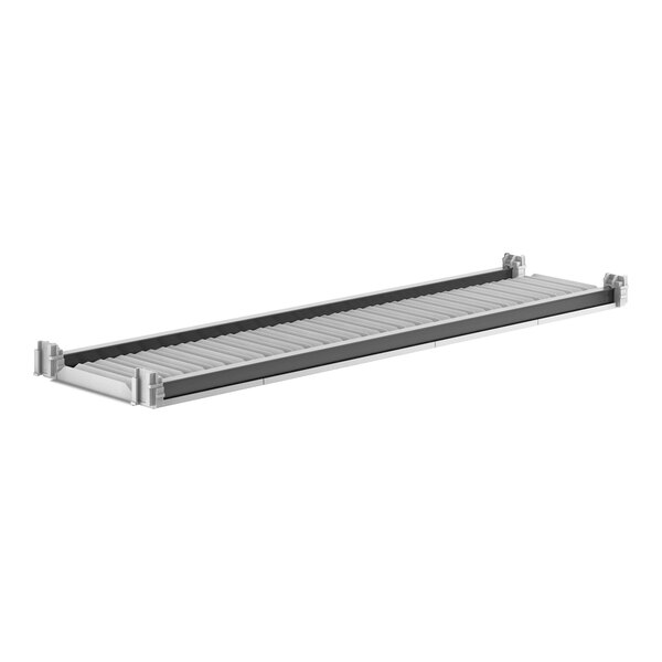 A grey metal Cambro Camshelving Elements shelf with black vented shelves.