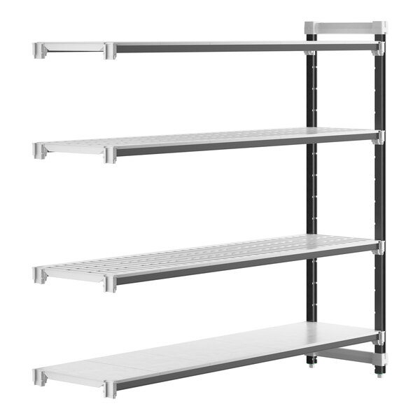 A white and black metal Cambro Camshelving® Elements XTRA 4-shelf Add-On Unit.
