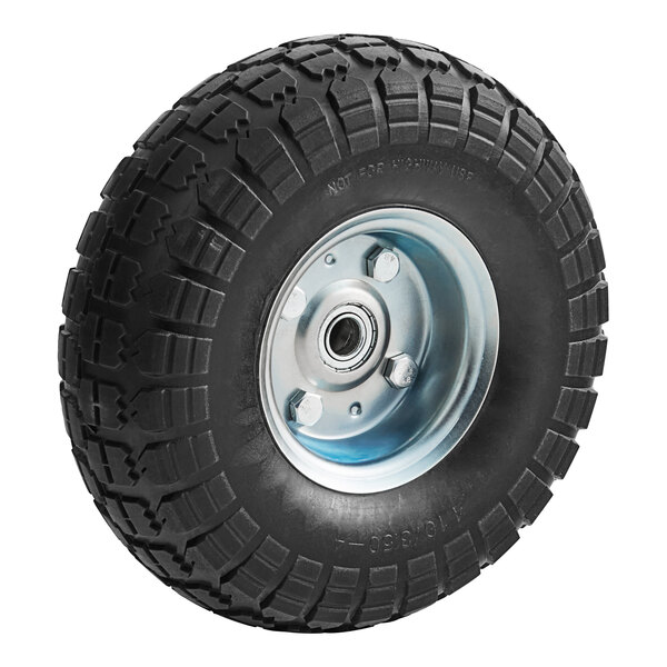 A black pneumatic wheel with a silver aluminum rim.