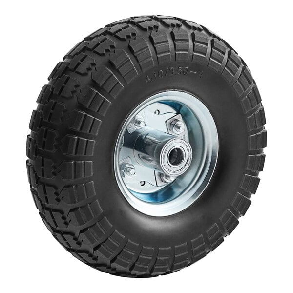 A black tire with a silver rim and an axle.