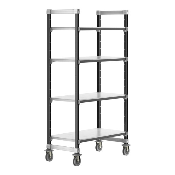 A black metal Cambro Camshelving unit with white shelves and wheels.