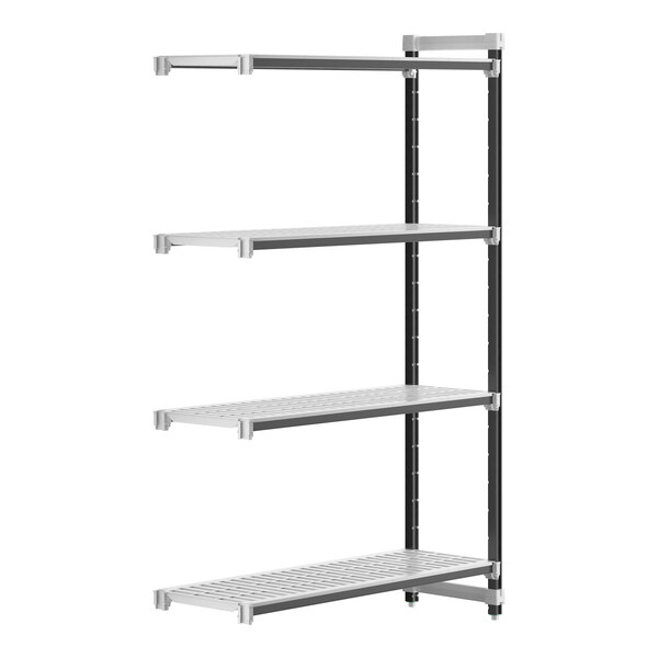 A white rectangular metal shelf with holes for four shelves.