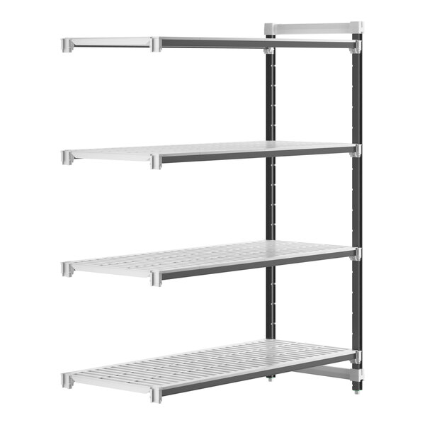 A white metal Cambro Camshelving Elements XTRA add-on unit with four vented shelves.