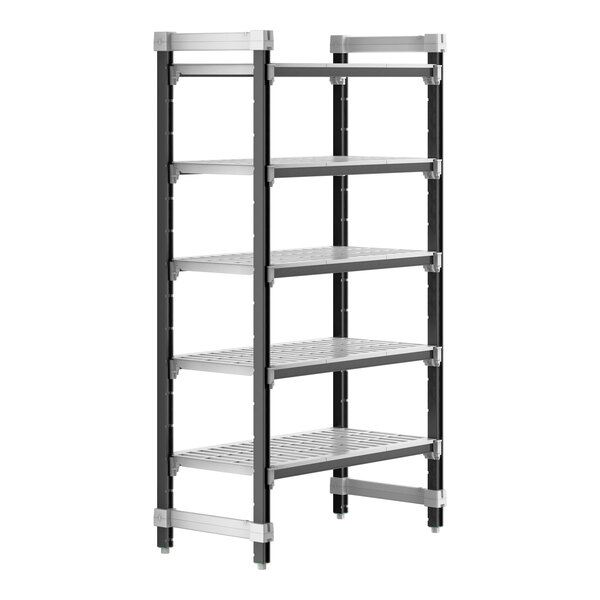 A black and grey Cambro metal Camshelving unit with 5 vented shelves.