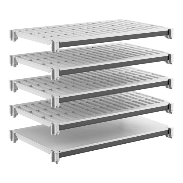 A five-shelf kit with vented and solid shelving panels designed for storage, measuring 21 inches by 36 inches.