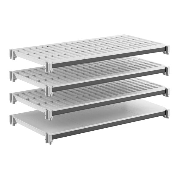 A four-shelf kit with three vented shelves and one solid shelf, designed for modular storage.