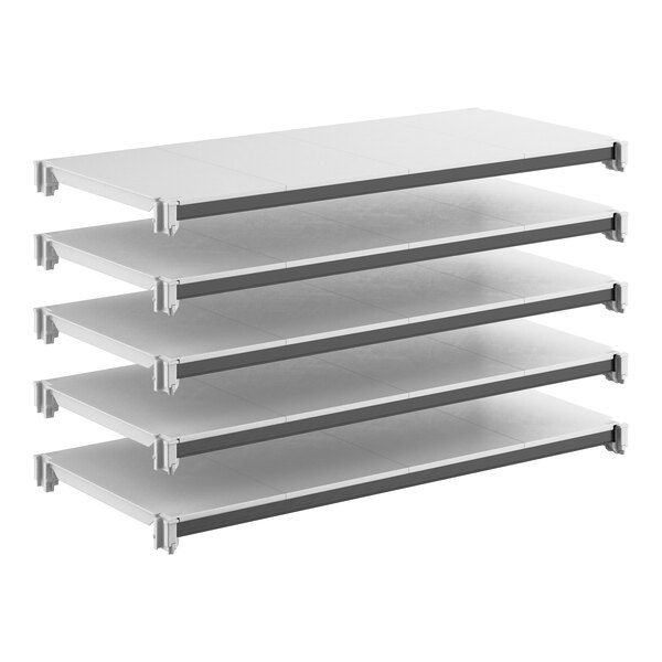 A set of five solid rectangular shelving units designed for modular storage.