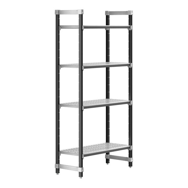 A black Cambro Camshelving Elements starter unit with four vented shelves.