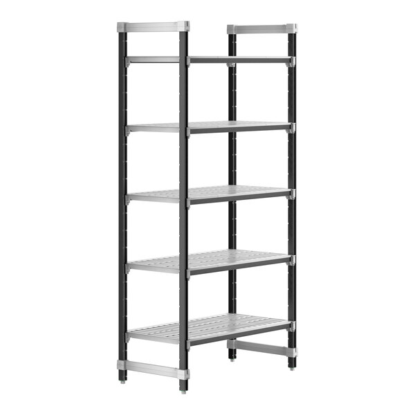 A metal Cambro Camshelving® unit with four shelves.