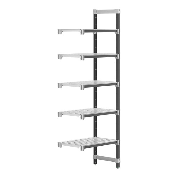 A white metal Cambro Camshelving Elements XTRA add-on shelf unit with 5 shelves.