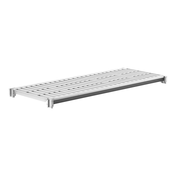 A white rectangular metal shelf with vented holes.