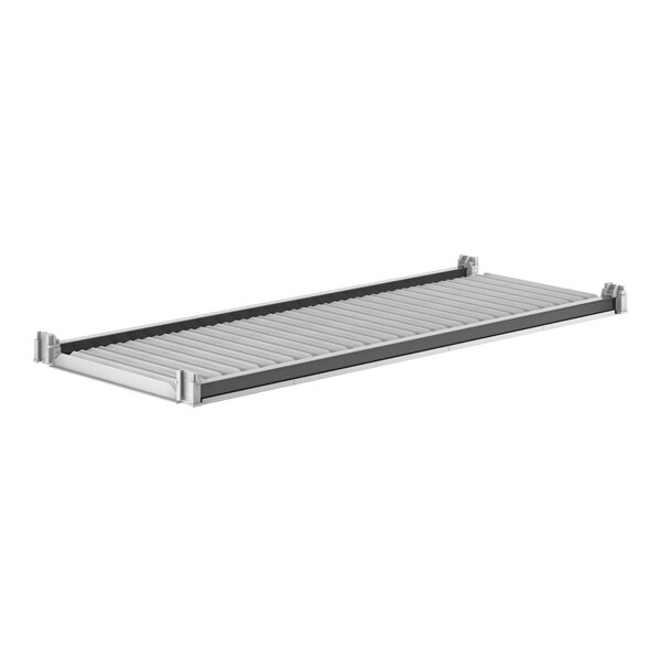 A metal Camshelving® shelf with a grey and white design.