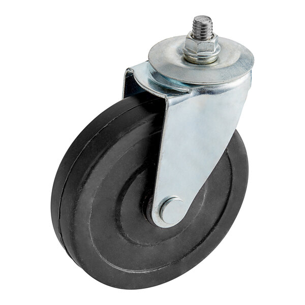 A black Lavex plastic hand truck caster with a metal plate and a screw.