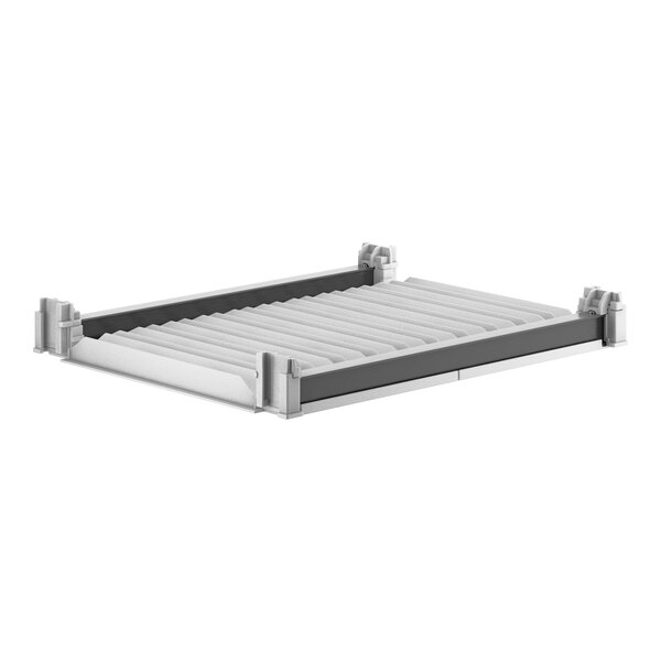 A white metal Camshelving® Elements XTRA vented shelf with metal rods.