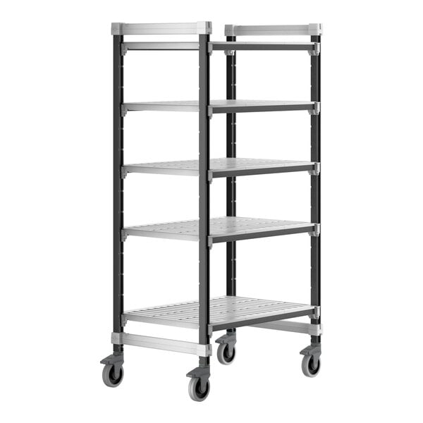 A Cambro Elements XTRA metal shelving unit with vented shelves on wheels.
