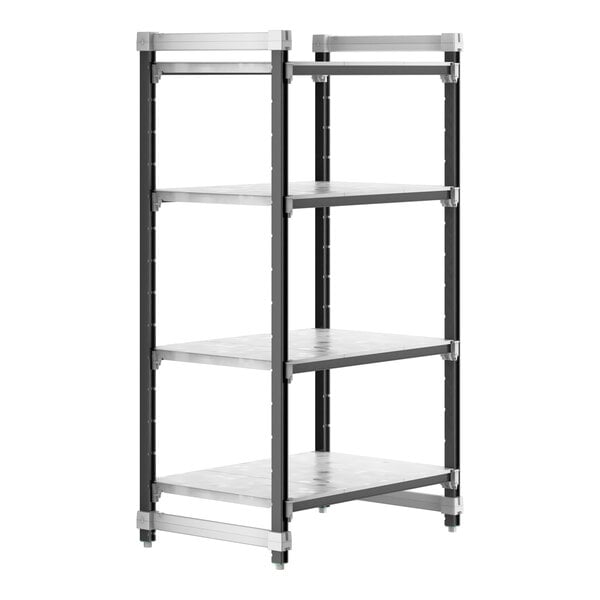 A black metal Cambro Camshelving Elements starter unit with four shelves.