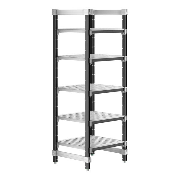 A black and silver Cambro Camshelving Elements XTRA 5-shelf unit.