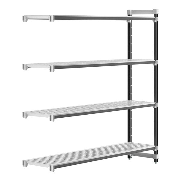 A white metal Cambro Camshelving Elements Add-On unit with four vented shelves.