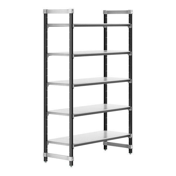 A black metal Cambro Camshelving Elements starter unit with 5 shelves.