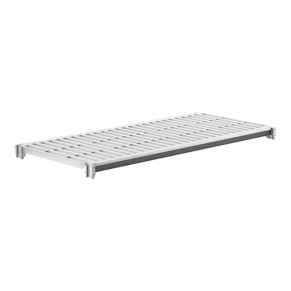 A white vented shelf for Cambro Elements shelving with metal bars.