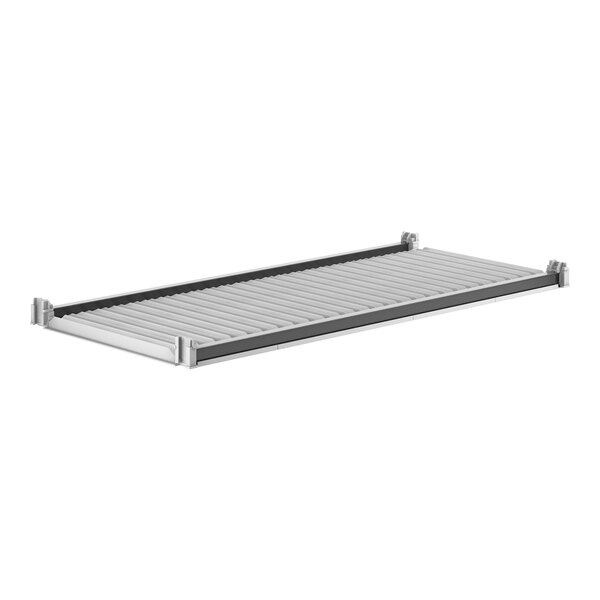 A metal Cambro Camshelving® shelf with black and grey vented shelves.