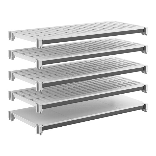 A five-shelf kit with four vented shelves and one solid shelf, designed for modular storage.