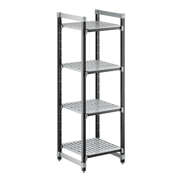 A white Cambro metal shelf unit with four shelves.