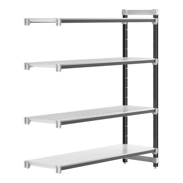 A white rectangular metal shelving unit with four shelves.