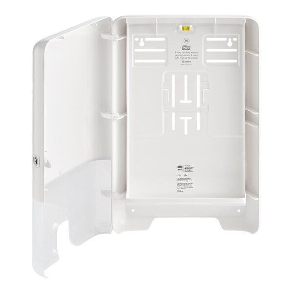 A white plastic rectangular box with a door and white text reading "Tork Elevation Xpress Multifold Hand Towel"